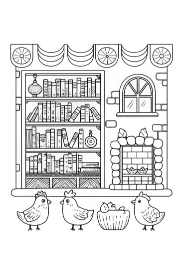 A coloring page of Chickens in a cozy bookstore