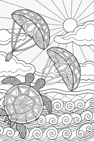 Turtles kitesurfing at sunset coloring pages