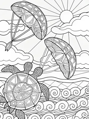 Turtles kitesurfing at sunset coloring pages
