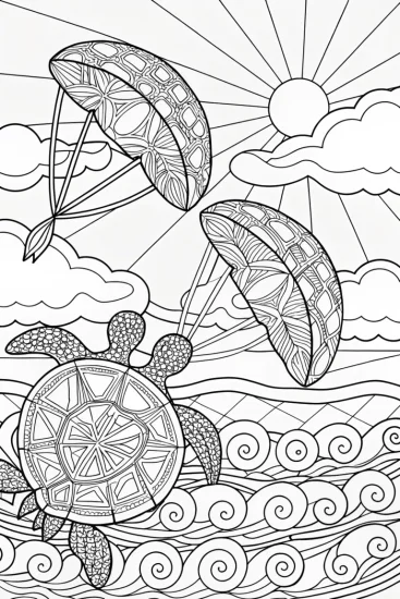 A coloring page of Turtles kitesurfing at sunset