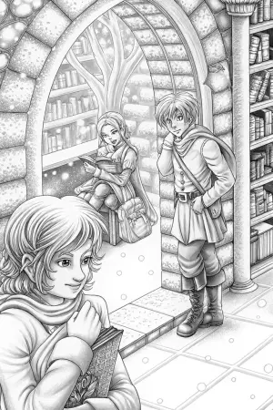 Anime adventurers in a bookstore coloring pages