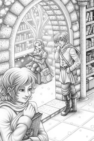 A coloring page of Anime adventurers in a bookstore