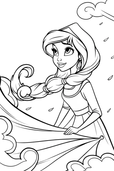 A coloring page of Jasmine creating magical weather