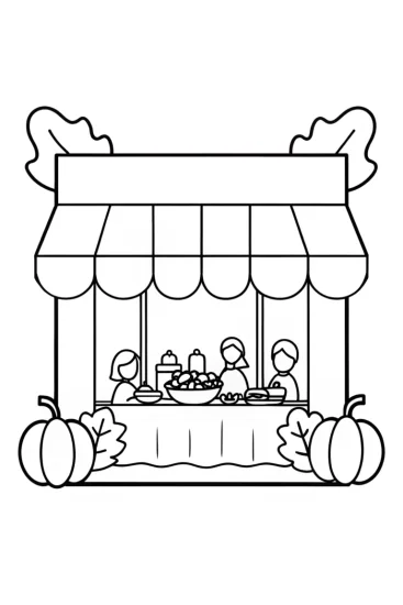 A coloring page of Thanksgiving celebration at the café
