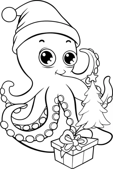A coloring page of Octopus celebrating Christmas