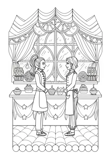 A coloring page of Rainbow High baking championship