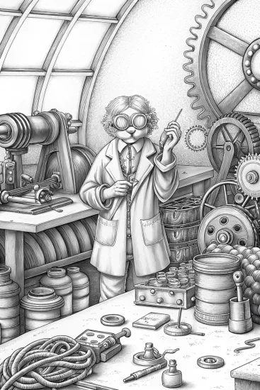 A coloring page of Puppy inventor in a workshop