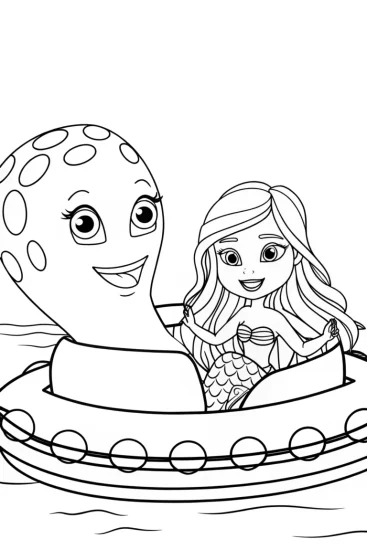 A coloring page of Mermaid and octopus raft ride