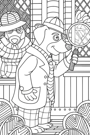 A coloring page of Sherlock Paws solving a mystery