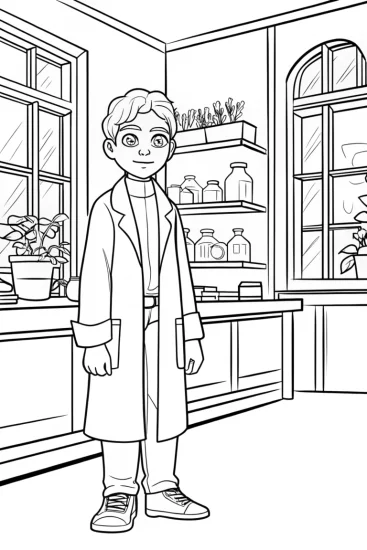 A coloring page of Miles Morales in a botanical lab