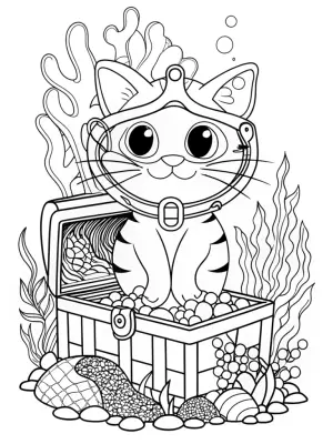 Whiskers the Cat underwater treasure dive coloring pages