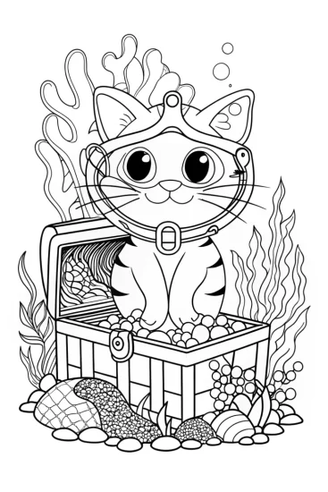 A coloring page of Whiskers the Cat underwater treasure dive
