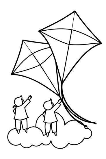 A coloring page of Rainbow High students flying kites