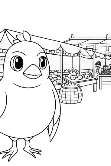 A coloring page of Pidgeot’s market adventure