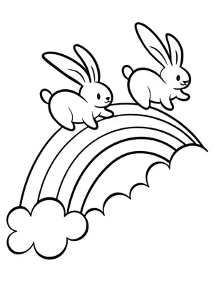 Bunnies bouncing on a rainbow road coloring pages