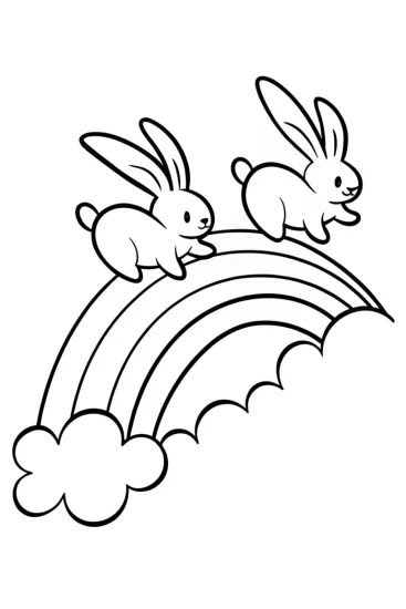 A coloring page of Bunnies bouncing on a rainbow road