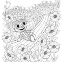 Huggy Wuggy sliding in a poppy field