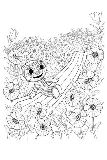 A coloring page of Huggy Wuggy sliding in a poppy field