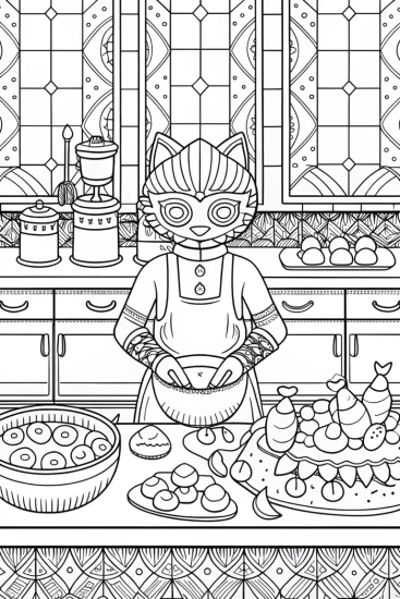 A coloring page of Super Sonic cooking competition