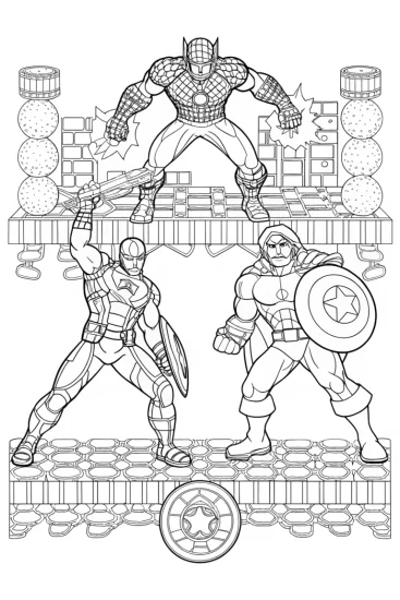 A coloring page of Avengers in a retro game battle