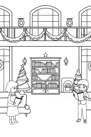 A coloring page of Christmas library adventure