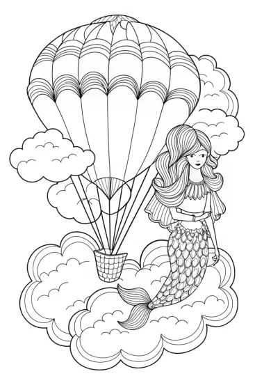 A coloring page of Little Mermaid in the clouds