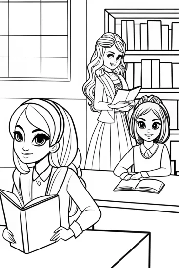 A coloring page of Rainbow High students in a library