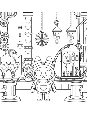 A coloring page of Kuromi in a robot workshop