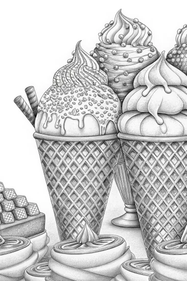 A coloring page of Ice cream cones painting in studio