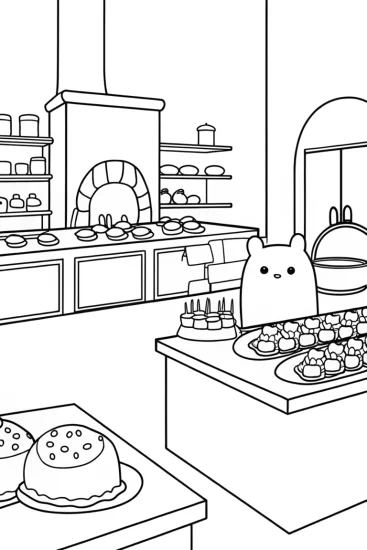 A coloring page of Squishmallows baking in a bakery