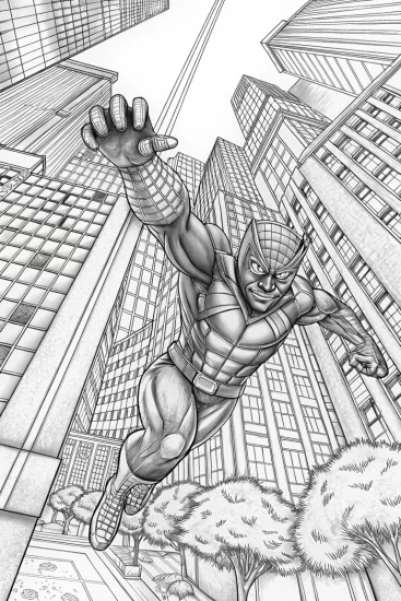 A coloring page of Black Panther leaping in the city