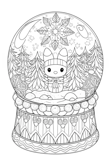 A coloring page of Kuromi in a magical snow globe