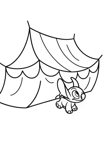 A coloring page of Stitch racing in a fabric market