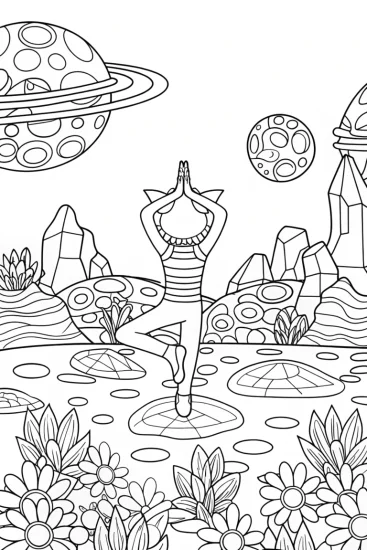 A coloring page of Sonic doing yoga on an alien planet