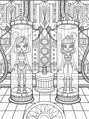 Bratz dolls in a futuristic lab coloring pages