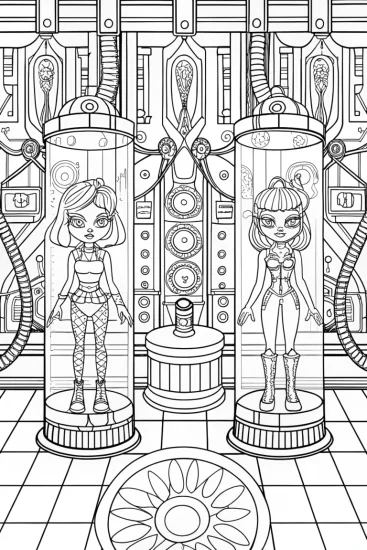 A coloring page of Bratz dolls in a futuristic lab