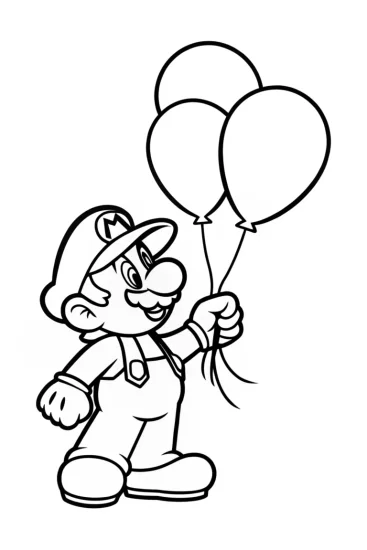 A coloring page of Mario making balloon animals