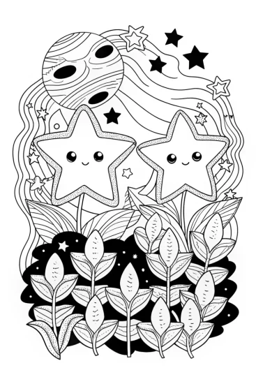 A coloring page of Star Sprouts in a cosmic garden