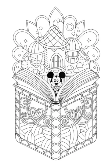A coloring page of Mickey Mouse storybook adventure