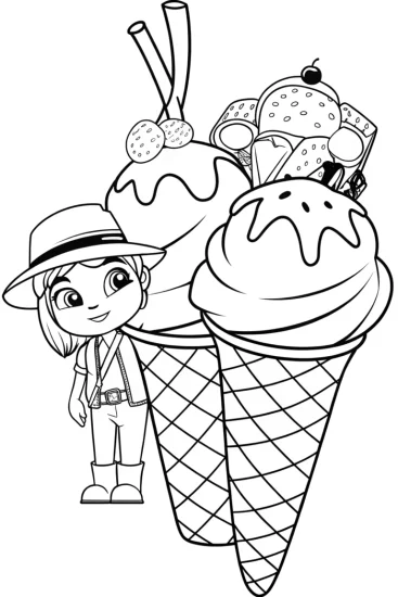 A coloring page of Ice cream cones on a treasure hunt