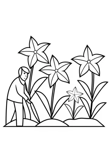 A coloring page of Gardener tending star plants