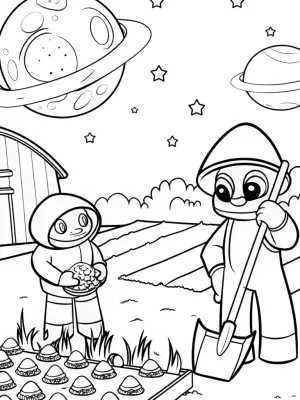 Monsters tending a galactic farm coloring pages