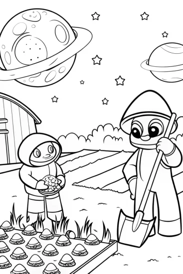 A coloring page of Monsters tending a galactic farm