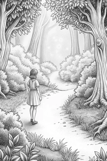 A coloring page of Mirabel hiking in the Whispering Woods