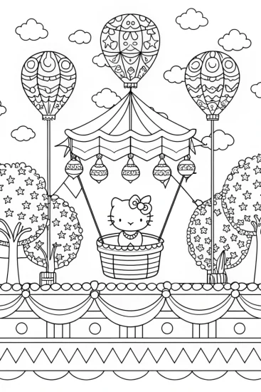 A coloring page of Hello Kitty at the balloon festival