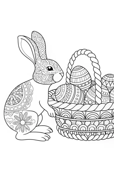 A coloring page of Bunny searching for Easter eggs