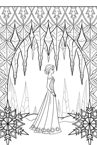 A coloring page of Elsa painting in an ice cave