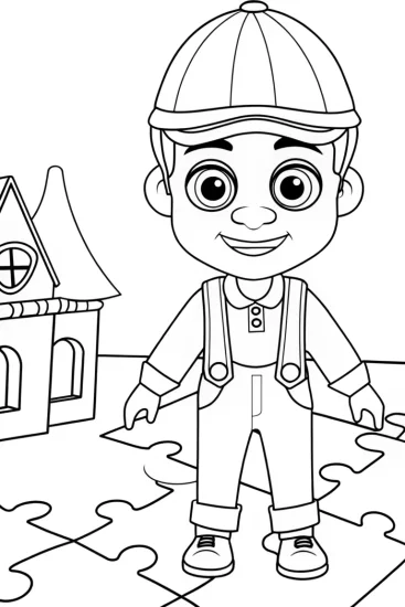 A coloring page of Blippi in puzzle land