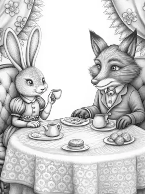 Bunny and fox tea party coloring pages