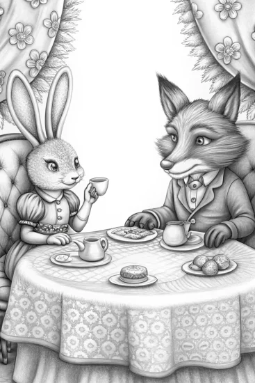 A coloring page of Bunny and fox tea party